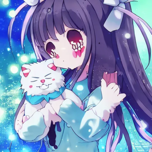 Image similar to anime key visual of a moe character girl, is petting a white ragdoll cat. from sanrio gensokyo as a moe anime girl, 4 k, hd, pixiv, wallpaper, official media | sanrio glitchcore yokai girl, shadowverse character concept, found footage horror, glitter gif