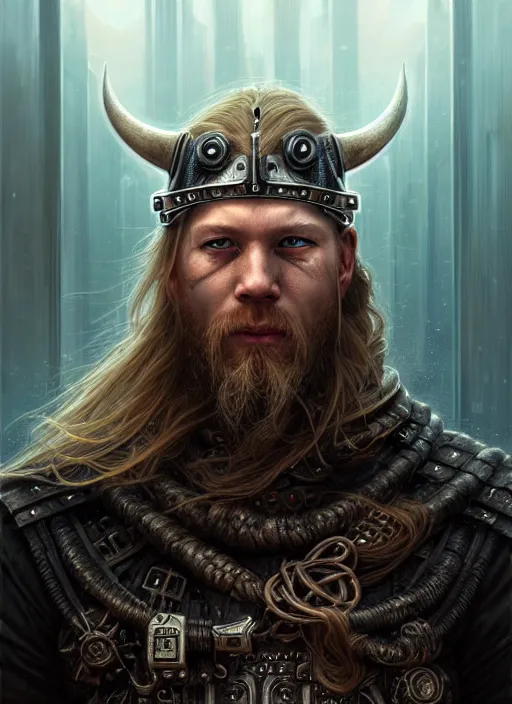 Prompt: closeup portrait shot of a cyberpunk viking in a scenic dystopian environment, intricate, elegant, highly detailed, centered, digital painting, artstation, concept art, smooth, sharp focus, illustration, artgerm, tomasz alen kopera, peter mohrbacher, donato giancola, joseph christian leyendecker, wlop, boris vallejo