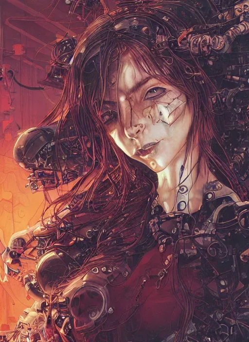 Image similar to realistic detailed painting of Nina Kraviz by yoshitaka amano, Masamune Shirow and rebecca guay and Moebius, Neo-Gothic, Cyberpunk, rich deep colors