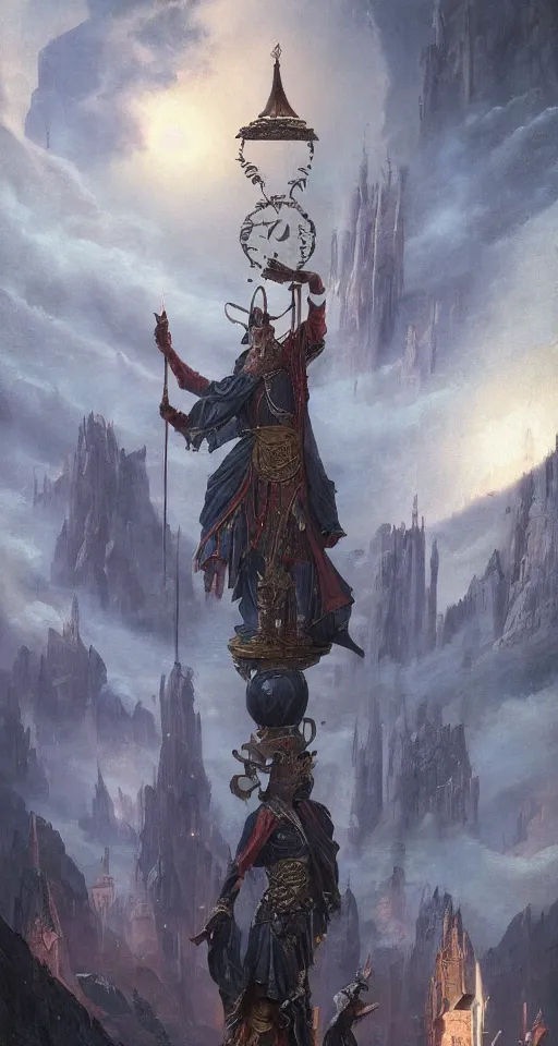 Prompt: Ornate tarot card of the magician, matte painting by Greg Rutkowski