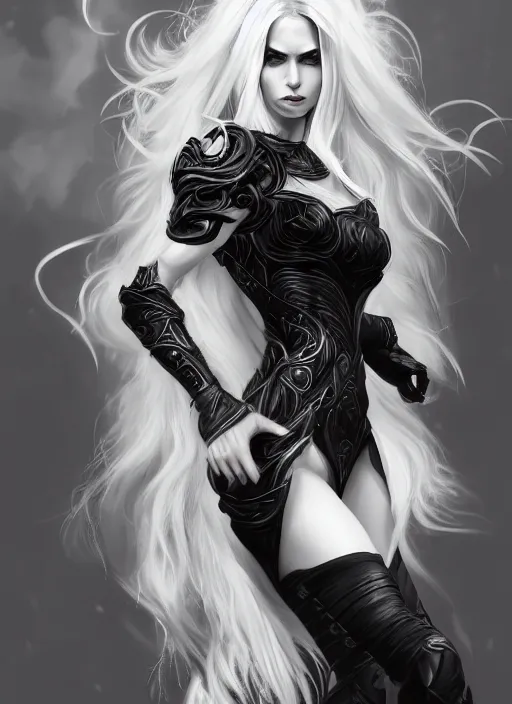 Image similar to a highly detailed illustration of fierce beautiful long white haired horned demon woman wearing black battle dress, dramatic power pose, perfect face, perfect body, intricate, elegant, highly detailed, centered, digital painting, artstation, concept art, smooth, sharp focus, league of legends concept art, wlop.