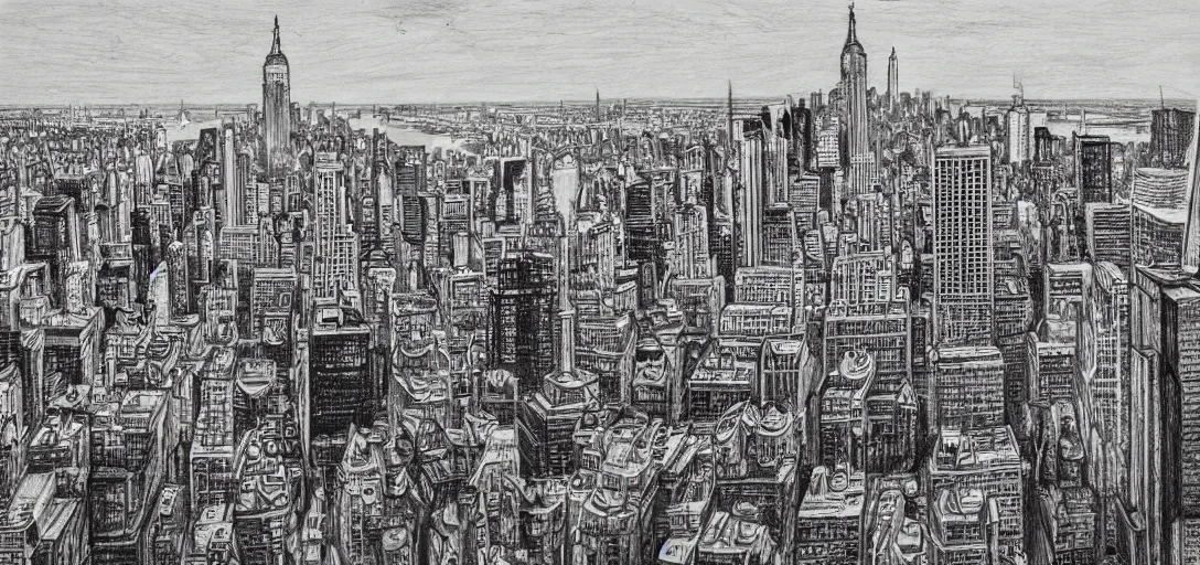 Image similar to concept art for new york city, pencil, pen, hand drawn, drawing, black and white, ultra detailed, highly detailed, detailed, concept, award - winning art, intricate, 8 k