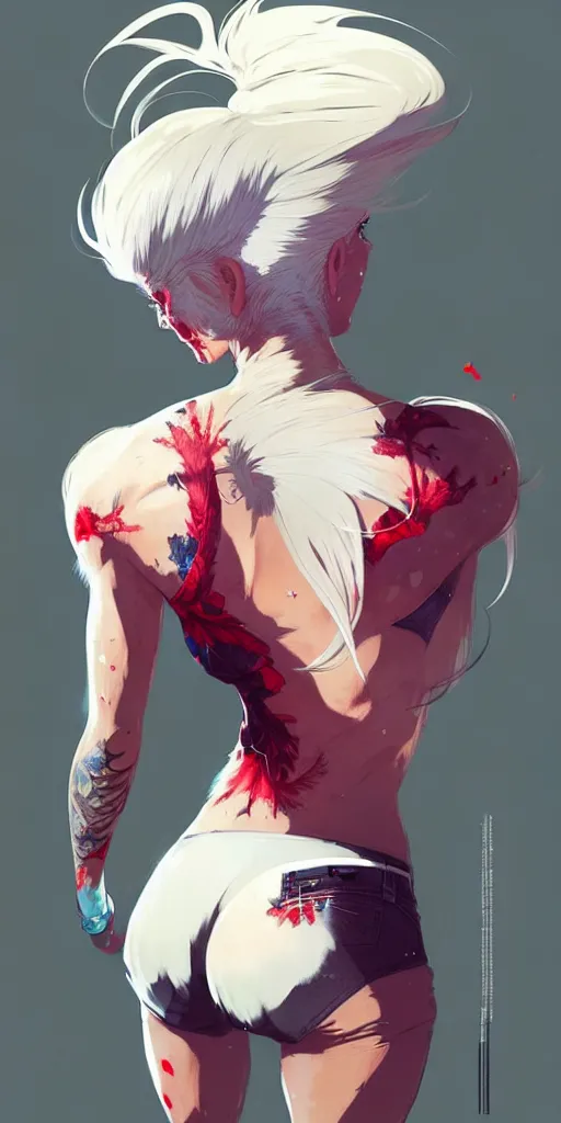 Image similar to a ultradetailed beautiful back painting of a stylish woman with white hair in a short pony tail, she is wearing jeans, by conrad roset, greg rutkowski and makoto shinkai trending on artstation