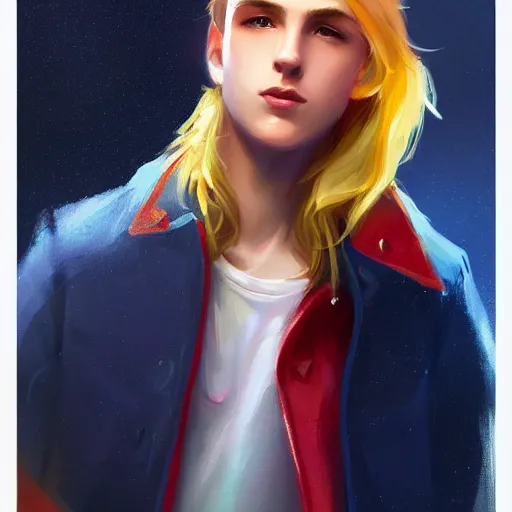 Prompt: colorful and festive captivating young boy with wavy blonde hair, navy blue jacket and blue shorts, with big brown boots. rich vivid colors, ambient lighting, dynamic lighting, 4 k, atmospheric lighting, painted, intricate, highly detailed by charlie bowater
