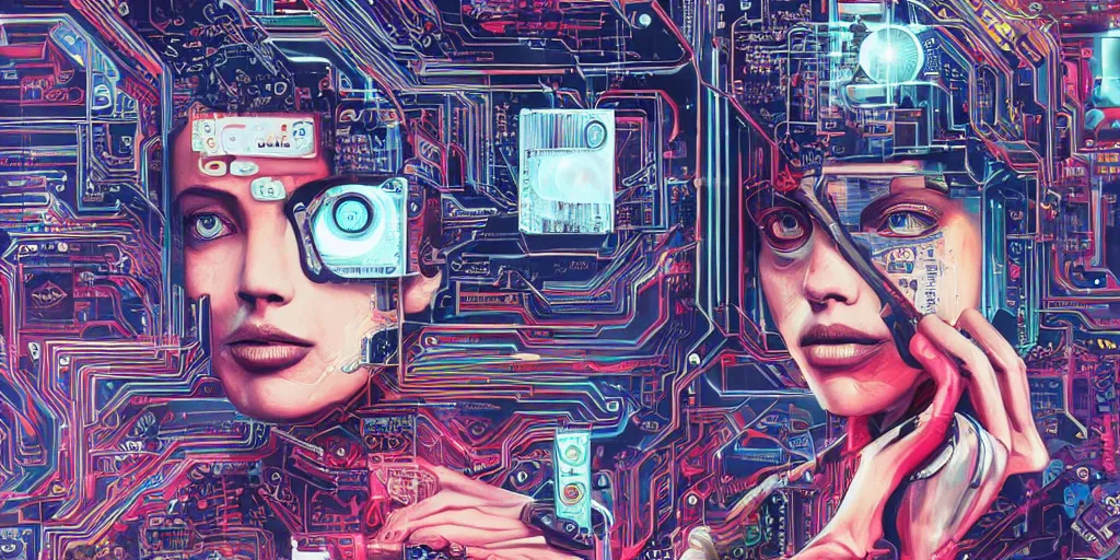 Image similar to portrait of computer & circuits, 8 k, by tristan eaton, trending on deviantart, face enhance, hyper detailed, minimalist, cybernetic, android, blade runner, full of colour, super detailed, cinematic