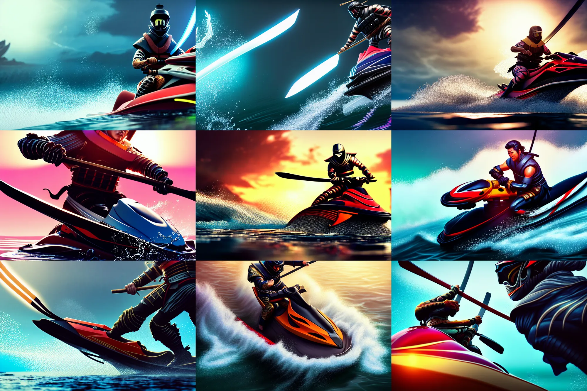 Prompt: close up drawing of a [ samurai riding jetski wearing a katana ], intricate, epic lighting, cinematic composition, hyper realistic, 8 k resolution, unreal engine 5, by artgerm, tooth wu, dan mumford, beeple, wlop, rossdraws, james jean, andrei riabovitchev, artstation