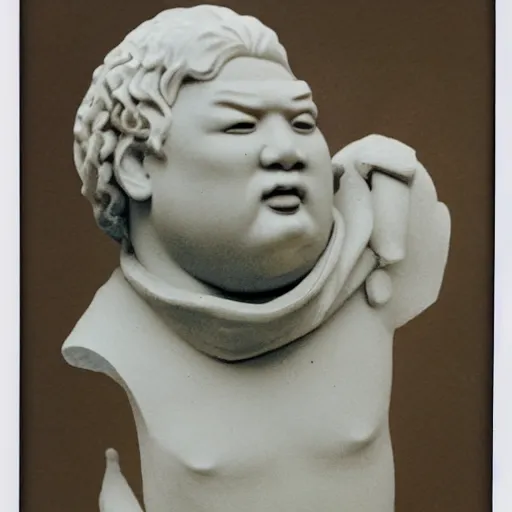 Prompt: polaroid photo of fragmented greek sculpture of kim jong un