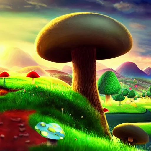 Prompt: the mushroom kingdom, photorealistic, landscape, cinematic, beautiful, colorful