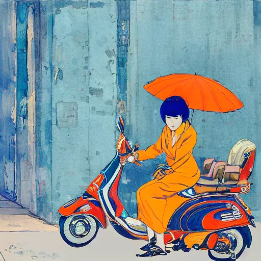 Prompt: the orange - haired vespa queen in hong kong, by amiet kuno