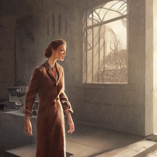 Image similar to detailed face of an intelligent clothed woman with kind eyes in a architectonic courtyard with whisps of smoke at a science expo, atmospheric, ambient, pj crook, syd mead, livia prima, artgerm, greg rutkowski, nick alm, casey baugh