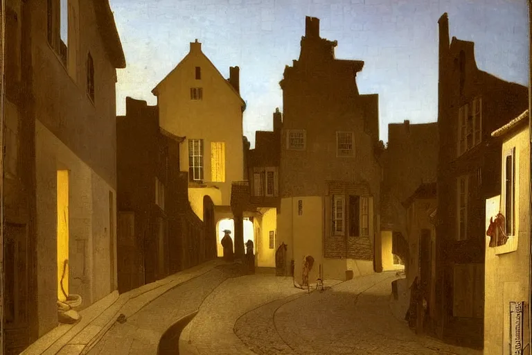 Image similar to winding street at midnight in a very old very beautiful city by George Price Boyce and Vermeer and William Dyce, glowing paper lanterns, strong dramatic cinematic lighting , ornate tiled architecture, lost civilizations, smooth, sharp focus, extremely detailed