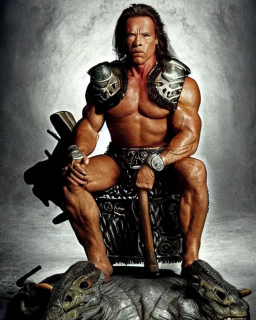 Prompt: arnold schwarzenegger as king conan, directed by john millius, photorealistic, sitting on a metal throne, wearing ancient cimmerian armor, a battle axe to his side, he has a beard and graying hair, on the floor in front of him is an armored komodo dragon, cinematic photoshoot in the style of annie leibovitz, studio lighting