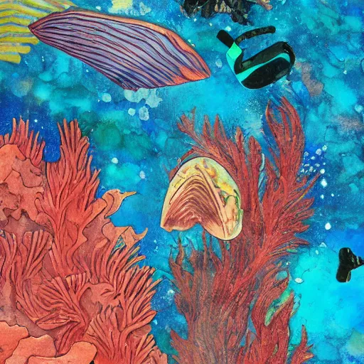 Prompt: underwater power ranger visor cracked multifaceted fantastical storybook form, toned down, depth, internal contours, gouache and ink watercolor of coral life nuanced shading stunning extravagant rocky sea floor glimmering thin details mixed media aged fresco, photo of a painting