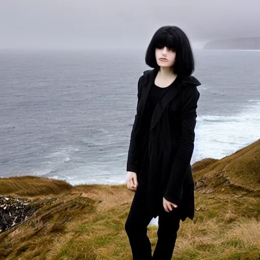 Prompt: 1 7 - year - old pale - skinned persian girl with black long bob cut, long bangs, black gothic jacket, black jeans, psychic girl, standing on cliff along the irish coast, overcast gray skies, ultra - realistic, sharp details, cold lighting, blue and gray colors, intricate details, art by william - adolphe bouguereau