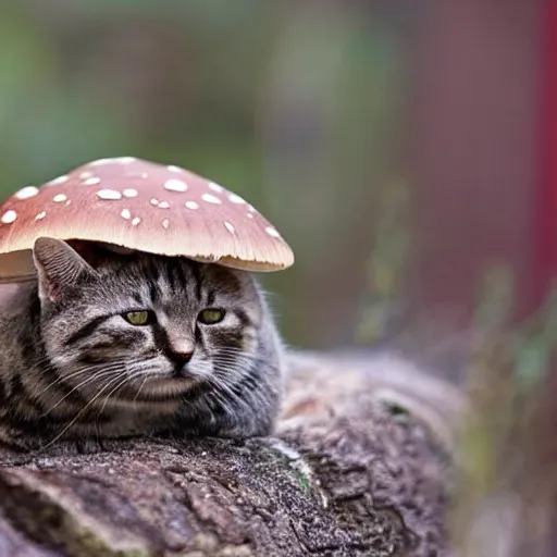 Image similar to a small domestic housecat with a spotted mushroom growing atop its head