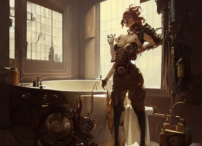 Image similar to woman model, steampunk!!! and modern, neutral colors, in a bathroom, backlit, elegant, highly detailed, digital painting, artstation, concept art, smooth, sharp focus, illustration, art by krenz cushart and artem demura and alphonse mucha