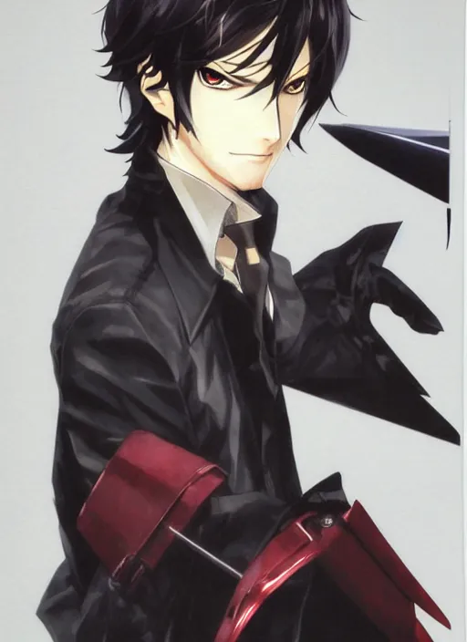 Image similar to portrait by shigenori soejima, handsome male vampire, focus on face, sword holster, long black hair, dark blue shirt, light brown coat, red eyes,