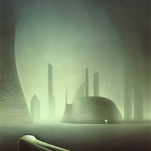 Prompt: arm reaching out of thick fog, round buildings in background, smooth architecture, organic, sophisticated, zdzislaw beksinski, architecture of frank lloyd wright, zaha hadid, norman foster