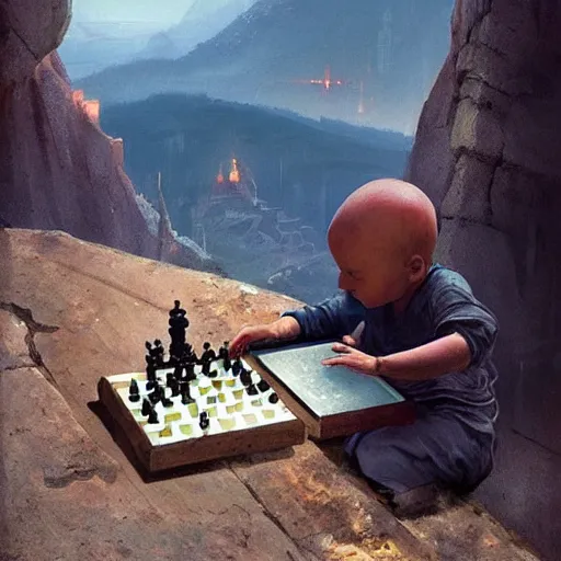 Image similar to cyberpunk baby playing chess at the top of a cliff monastery monks greg rutkowski