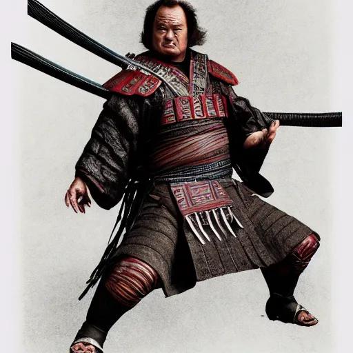 Prompt: UHD hyperrealism photo of Jim Belushi as a samurai warrior, by Antonio Caparo and Todd McFarlane and Greg Rutkowski, UHD, photorealistic correct face, realistic