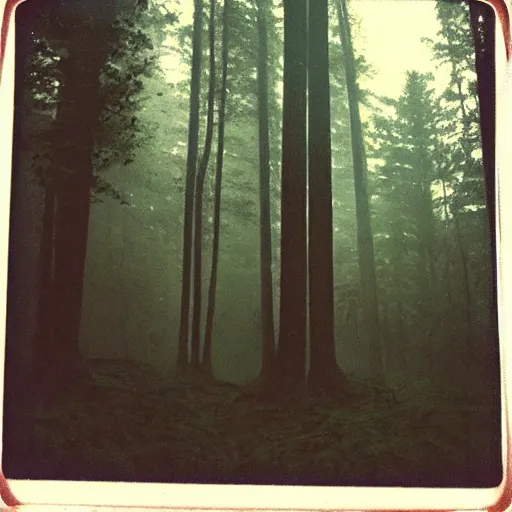 Prompt: you are lost in the forest, polaroid, surrended, foggy