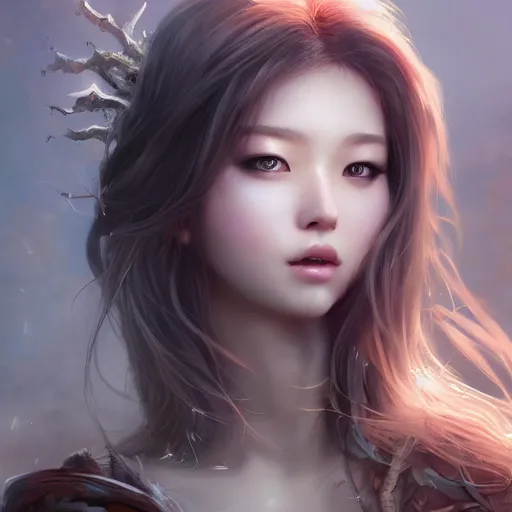 Image similar to realistic beautiful gorgeous natural cute fantasy warrior girl art drawn full HD 4K highest quality in artstyle by professional artists WLOP, Taejune Kim, yan gisuka, JeonSeok Lee, artgerm, Ross draws, Zeronis, Chengwei Pan on Artstation