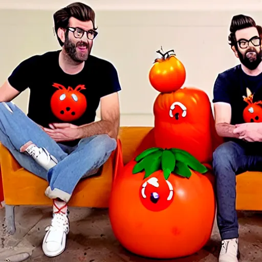 Prompt: rhett and link sitting on the set of good mythical morning, with a new guest a tomato monster