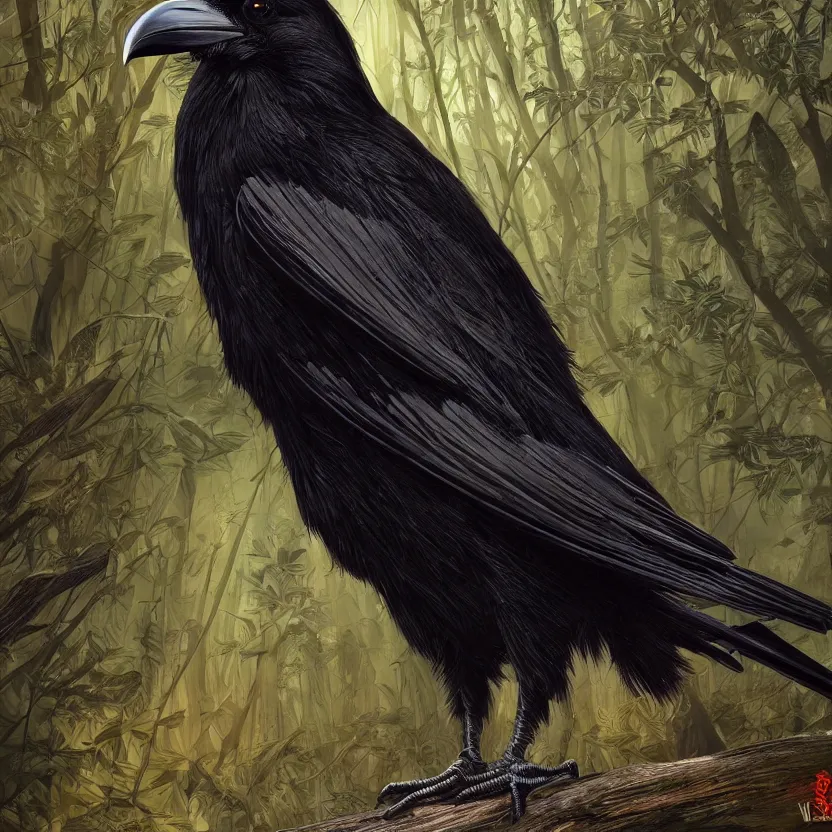 Prompt: beautiful dominant black raven bird, intricate, forest, exquisite asanoha pattern background, highly detailed, digital painting, trending on artstation, concept art, smooth, sharp focus, backlit, rim light, vivid colors, illustration, unreal engine 5, 8 k, art by rossdraws and alphonse mucha
