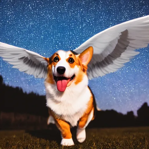 Image similar to corgi attaining [ angelic wings ]!!, [ flying like a superhero ]!! in the [ night sky ]!! where the stars are visibly perceptible, [ realistic photo ]!!, [ 4 k photorealism ]!!, trending on unsplash