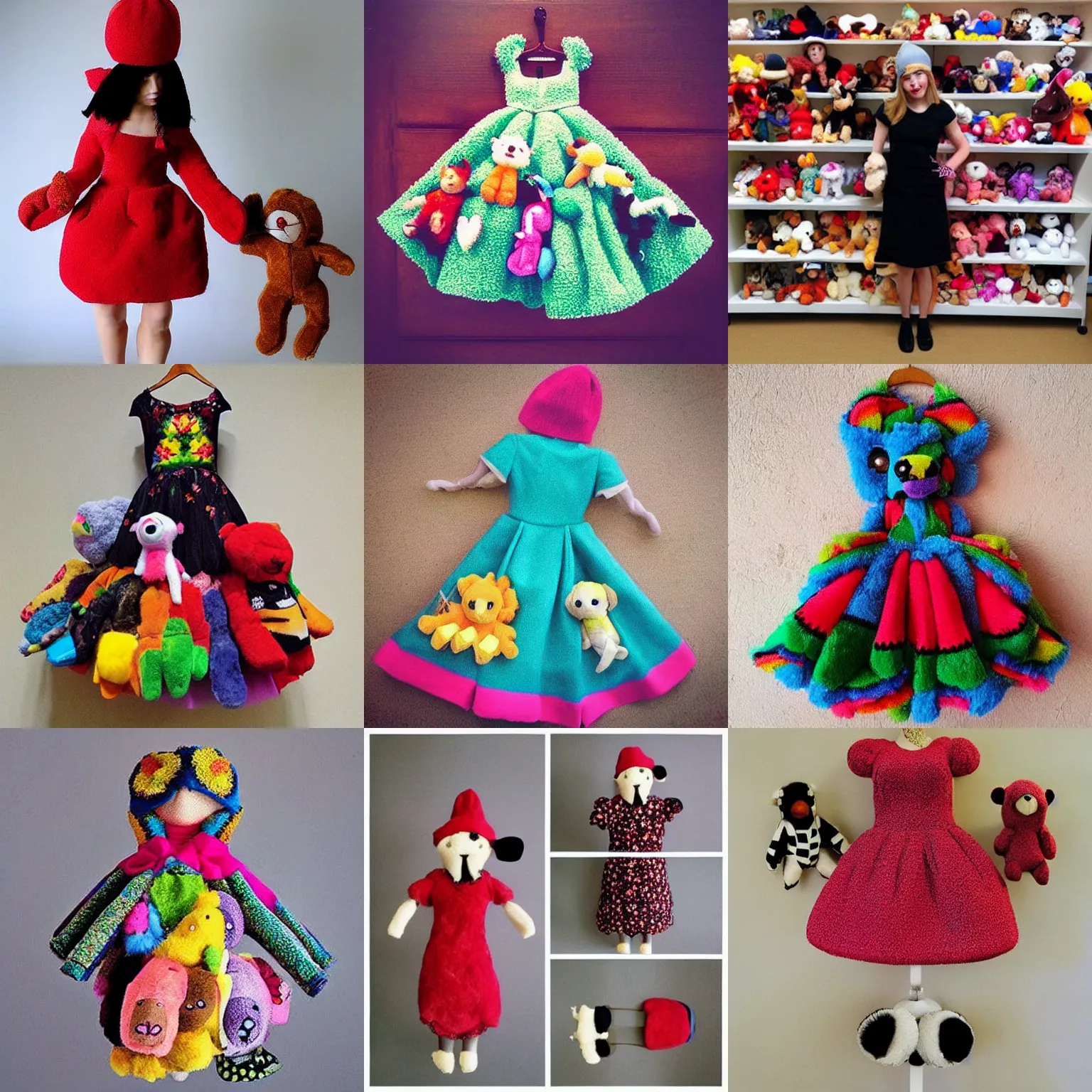 Prompt: “a high fashion dress made of beanie baby stuffed animals”