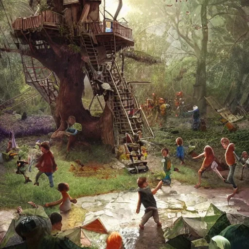 Image similar to The battle for the treehouse, small group of kids trying to take a treehouse from another small group of kids, artwork by Craig Mullins,Movie poster, detailed, trending on artstation, isometric