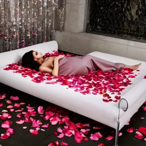 Image similar to a pretty woman lying in a bed that's covered in rose petals,