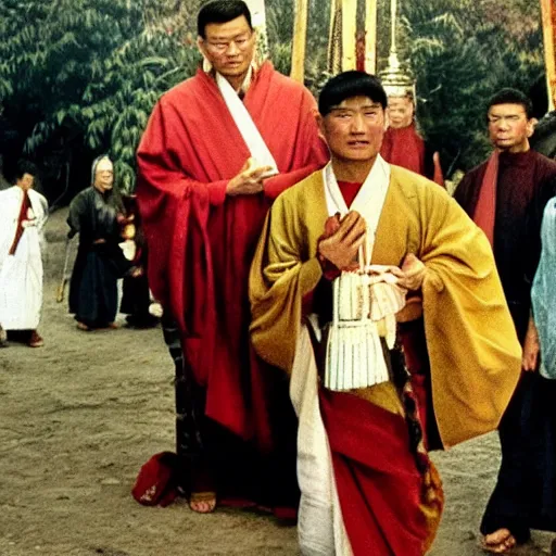 Prompt: Priest Tripitaka on a pilgrimage to India to fetch holy scriptures and save the world, Movie Still