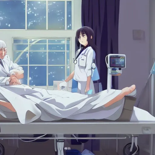 Image similar to a cute and beautiful young female doctor wearing white coat are taking care of an old patient on a bed in a hospital ward, slice of life anime, lighting, anime scenery by Makoto shinkai