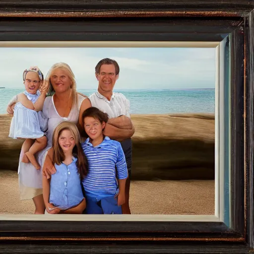 Prompt: portrait of a happy family at the beach, photo by annie leibovitz, realistic, smooth face, perfect eyes, wide angle, sharp focus, 8 k high definition