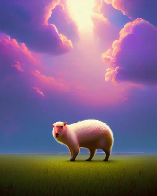 Image similar to white capybara relaxing, surreal photography, synth dramatic light, impressionist painting, colorful clouds, digital painting, artstation, kilian eng, john harris, bastien lecouffe - deharme, simon stalenhag, flower face