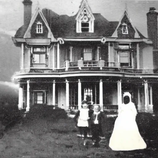 Image similar to vintage photograph of wealthy victorian mansion with family, ghost images and ectoplasm in the background, ghost hunting photograph