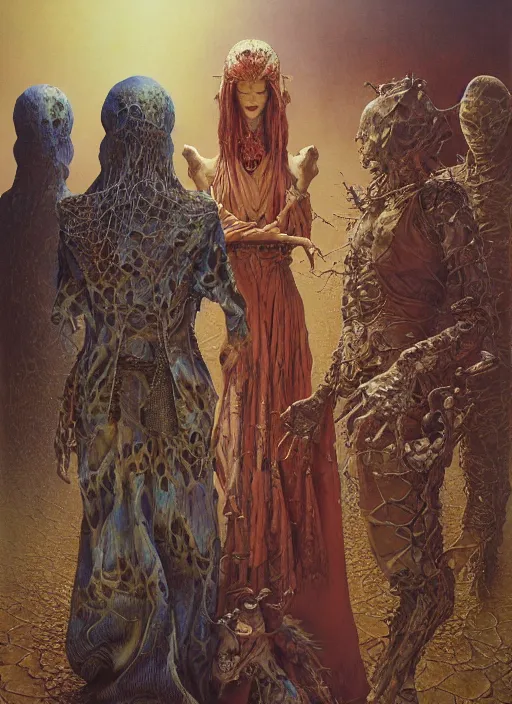 Prompt: realistic detailed image of an old family in weird clothes in eternal desert looking at the mirror to other world by Ayami Kojima, Amano, Karol Bak, Greg Hildebrandt, and Mark Brooks, Neo-Gothic, gothic, rich deep colors. Beksinski painting, part by Adrian Ghenie and Gerhard Richter. art by Takato Yamamoto. masterpiece