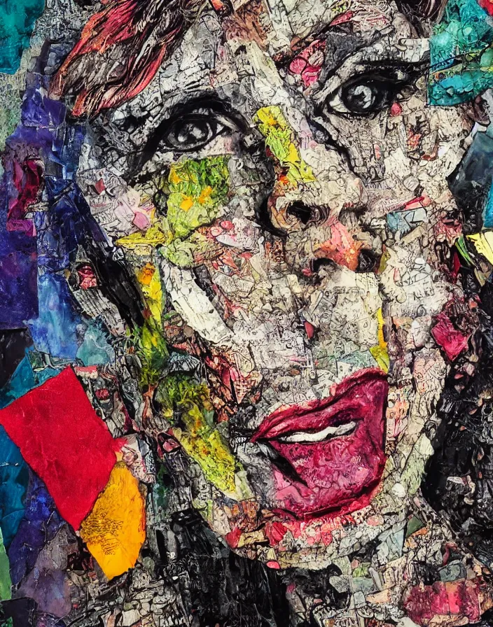 Prompt: double coloured monster in law detailed analogue mixed media collage with canvas texture in style of contemporary art, punk art, hyperrealistic beautiful face, photorealistic, expressionism, masterpiece, perfect composition, spectacular quality torn paper, intricate oil details