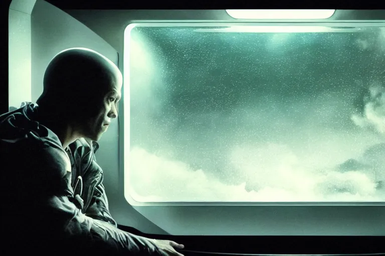 Image similar to a cinematic painting of an alien inside of spaceship looking out of a small rainy window, beautiful lighting, high depth, ultra realistic, artistic, by annie leibovitz and zack snyder