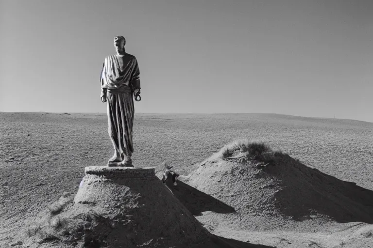 Image similar to Golden statue of Yung Lean in the middle of the Gobi Desert, award-winning photo, 35mm film