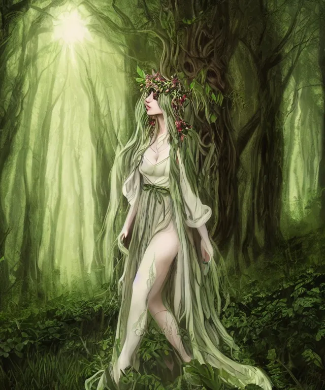 Prompt: young beautiful fey druid woman, full body portrait, white hair, flower crown, dark green robes, intricate, standing in a dark forest, sunbeams, illustration, romanticism