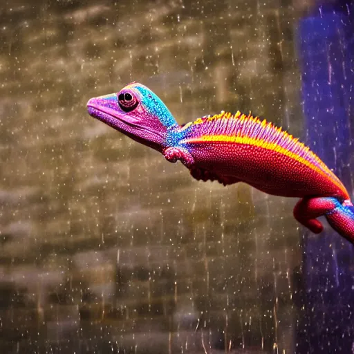 Image similar to Chameleon, rain, neon lights reflecting off the street, low wide shot, 8k, colorful, award winning photo