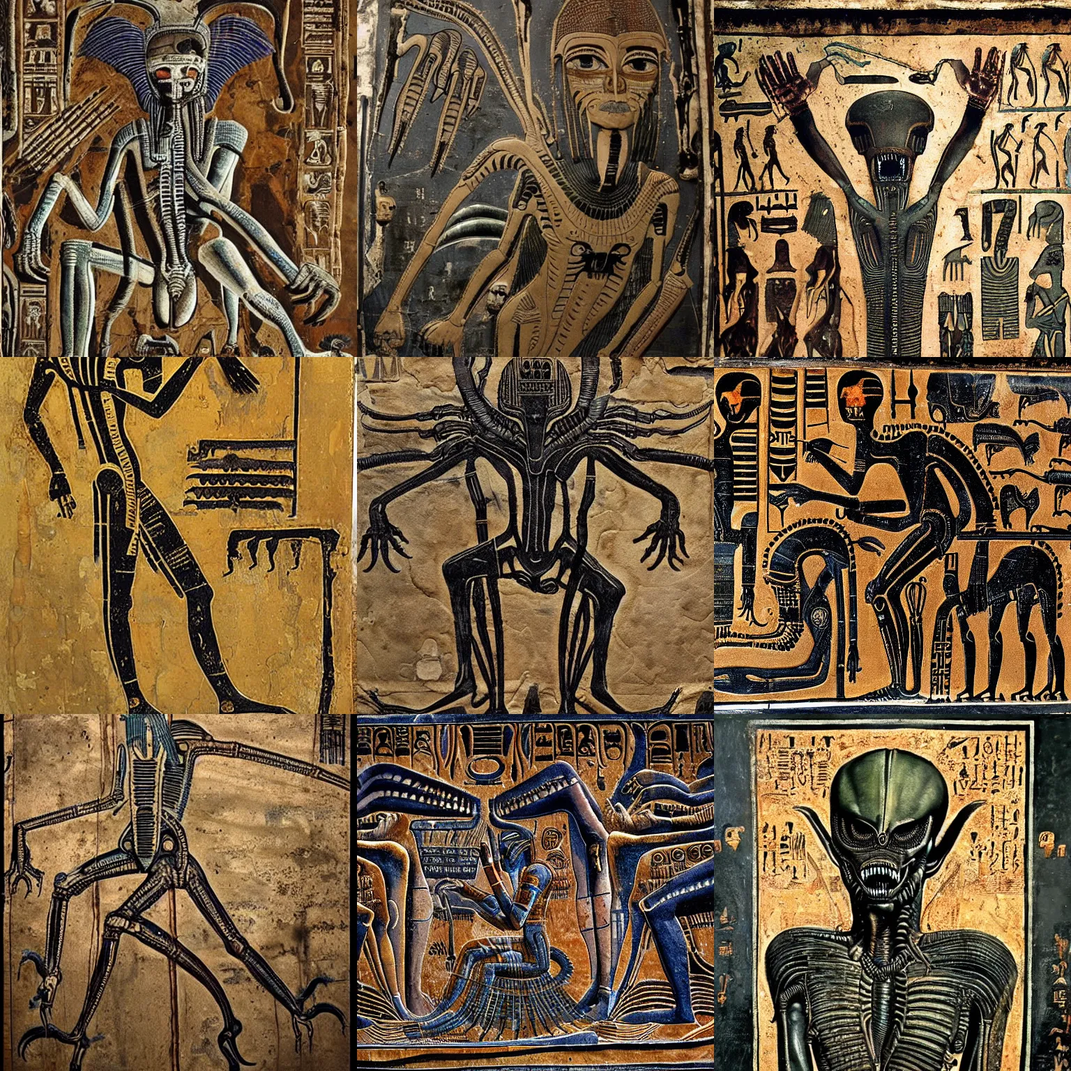 Image similar to [ xenomorph ] [ giger ] [ alien ] from movie aliens painted on highly intricate ancient egyptian mural art, with many hieroglyphs