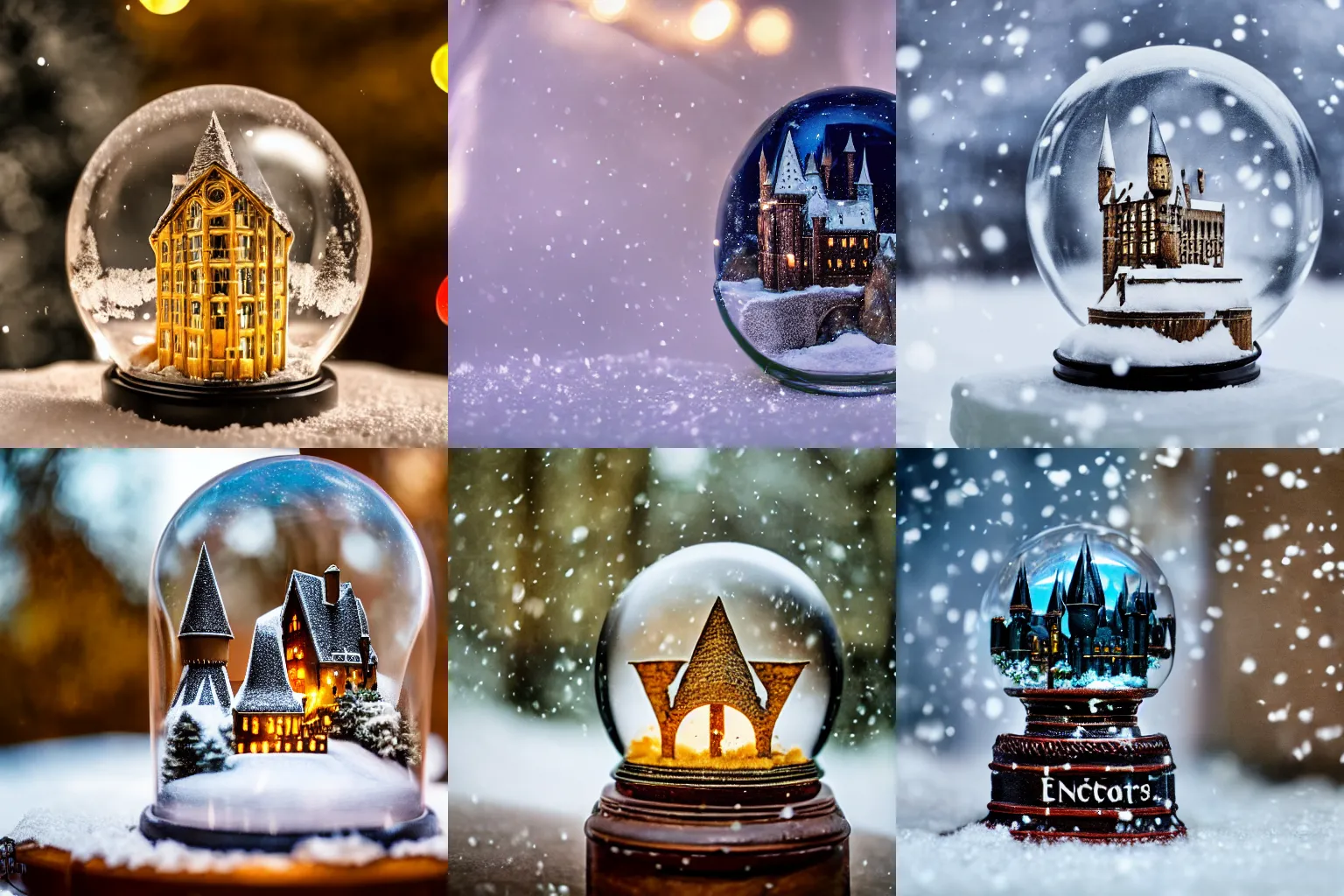 Prompt: hogwarts inside a snow globe, photoreal, small depth of field, 4 k, 3 5 mm lens, closeup, cinematic