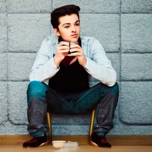 Prompt: dream an attractive young man sitting on top of the toilet drinking coffee and scrolling tiktok on his iphone, distant thoughtful look