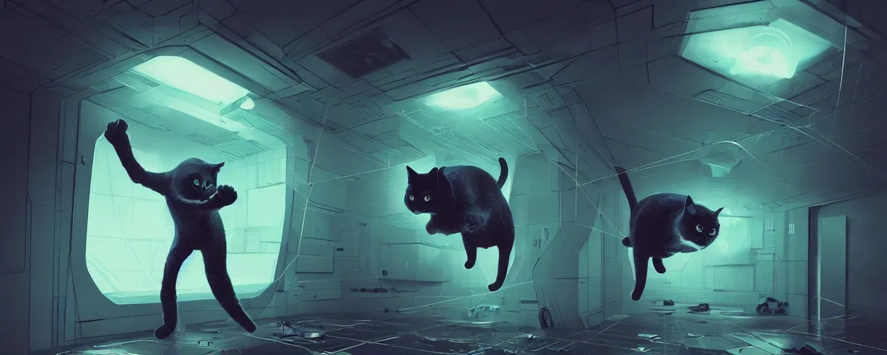 Image similar to duotone noir scifi concept dynamic illustration of 3 d mesh of cat inside box floating zero gravity glowing 3 d mesh quantum portals, glowing eyes, octane render, surreal atmosphere, volumetric lighting. accidental renaissance. by sachin teng and sergey kolesov and ruan jia and heng z. graffiti art, scifi, fantasy, hyper detailed. trending on artstation