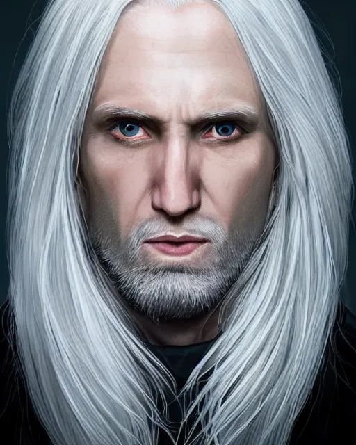 Image similar to portrait of 4 0 - year - old man with long white hair with a pale complexion, malfoy lucius, clear face, pointed face and grey eyes, hyper realistic face, beautiful eyes, character art, art by mark brooks, hyperdetailed, cryengine, trending on artstation, digital art