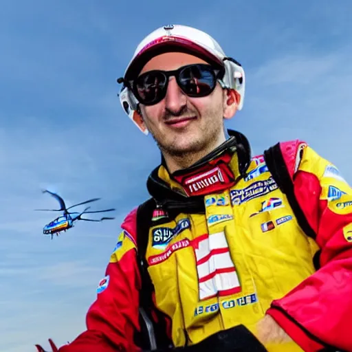 Prompt: Robert Kubica in a colorful helicopter hat with a little rotor on top