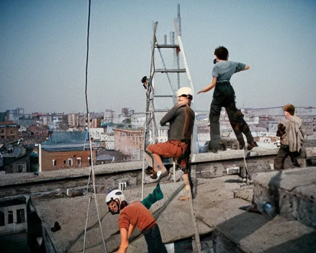 Image similar to lomo photo of roofjumpers climbing on roof of soviet hrushevka, small town, cinestill, bokeh, out of focus